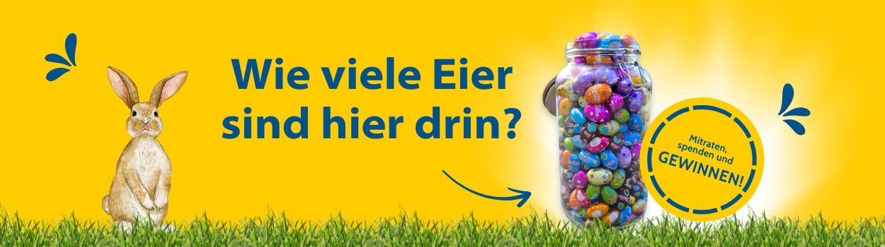 Wie viele Eier sind hier drin? Pfeil auf ein mit Schokoeiern prall gefülltes Glas. Mitraten, spenden und gewinnen! | MPS-Austria