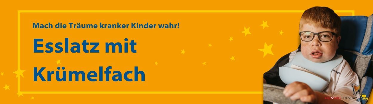 GivingTuesday2024 Header Erfülle einen Wunsch eines schwer kranken MPS-Kindes! MPS-Kind drückt hoffend die Augen zusammen, liegt auf den Armen des Papas | MPS-Austria