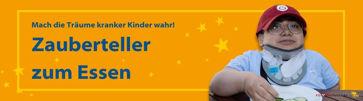 GivingTuesday2024 Header Erfülle einen Wunsch eines schwer kranken MPS-Kindes! MPS-Kind drückt hoffend die Augen zusammen, liegt auf den Armen des Papas | MPS-Austria