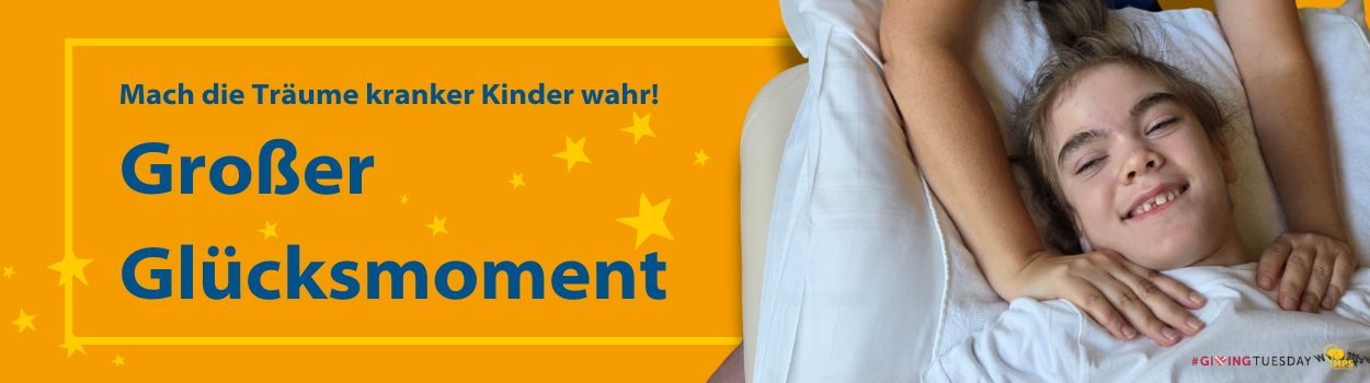 GivingTuesday2024 Header Erfülle einen Wunsch eines schwer kranken MPS-Kindes! MPS-Kind drückt hoffend die Augen zusammen, liegt auf den Armen des Papas | MPS-Austria